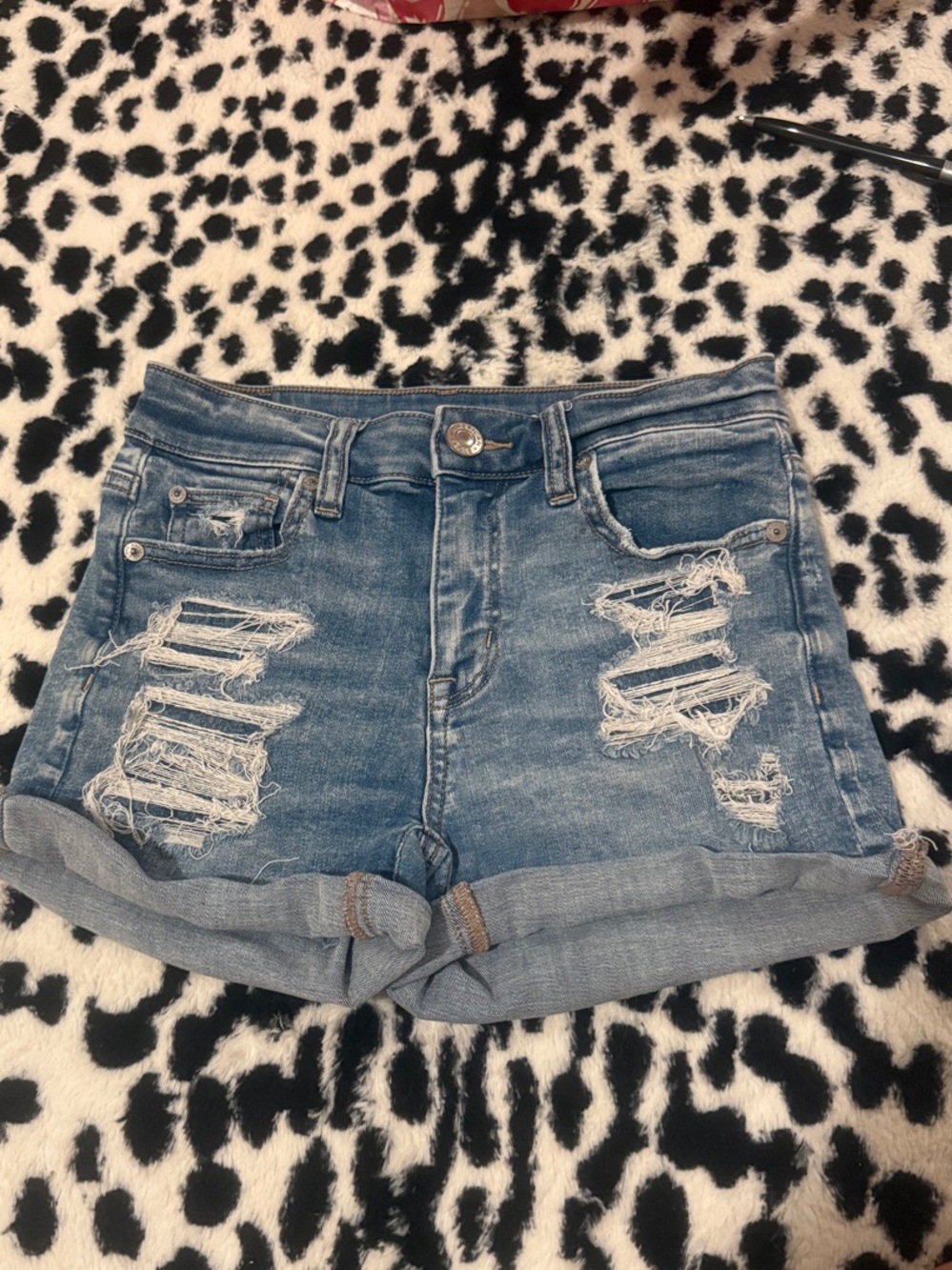 American Eagle Outfitters Distressed Light Blue Roll-Cuff Jean Shorts